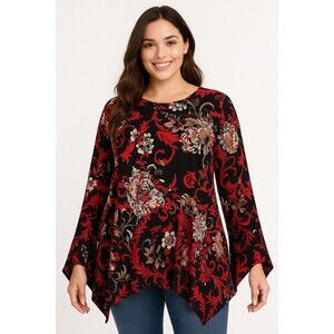 Brittany Black Women’s L Floral Blouse Red Black Pointed Hem Sleeve Tunic Top